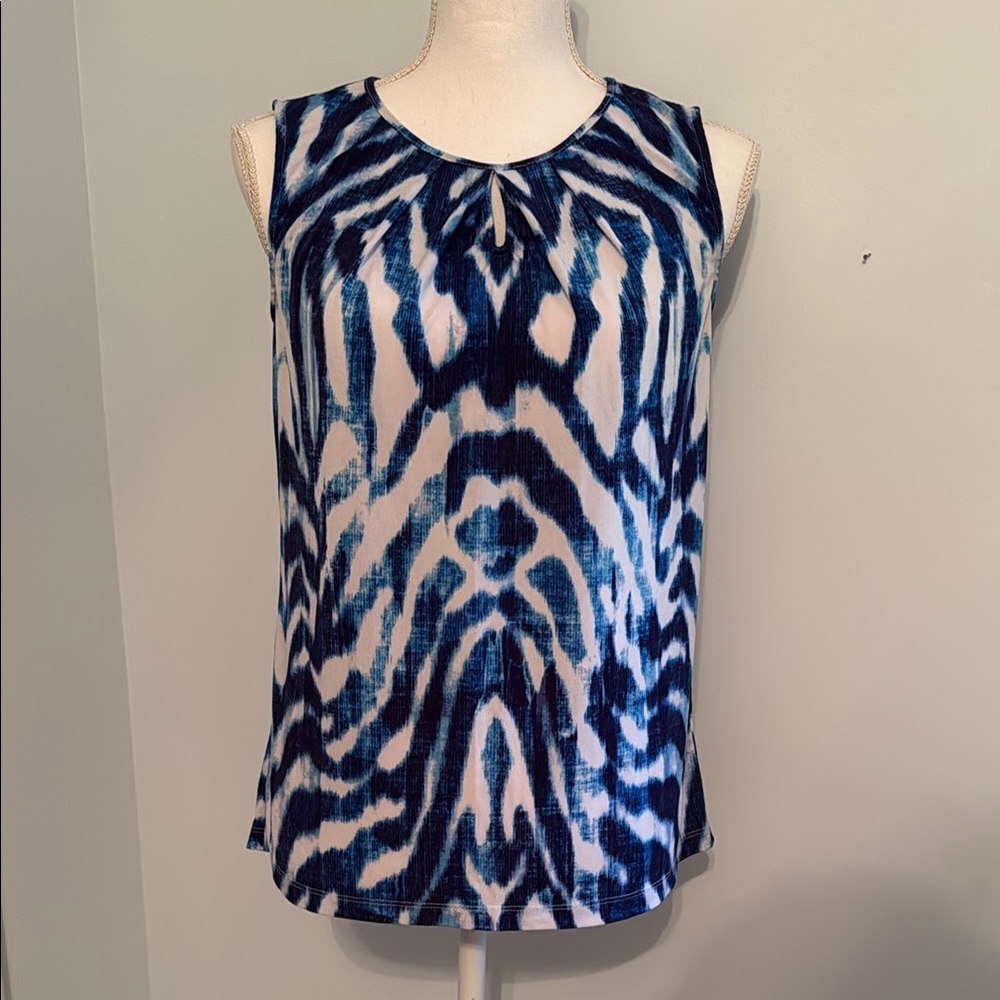 Tahari Blue and White Sleeveless Blouse with Keyhole Neckline